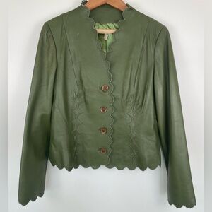 Vintage Olive Green Leather Scalloped Jacket Romantic Boho Cropped Blazer Coat M